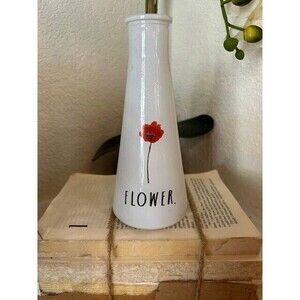 Rae Dunn White Glass Flower Vase Red‎ Bud Stem  7" x 3"